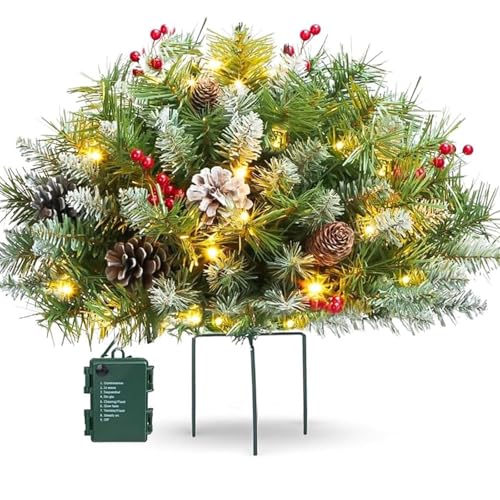 Holiday Planter Decorations, Pre-Lit Artificial Christmas Tree Urn Filler, Lighted Holiday Planter Filler with LED Lights, Outdoor Christmas Decoration with Tripod Stake for Porch, Yard, Garden