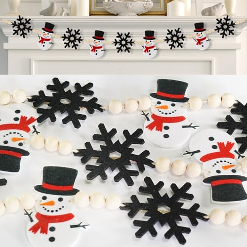 Knomeko Winter Christmas Felt Garland - 6Ft Snowman & Black Snowflake with Wood Beads - Winter...