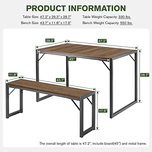 Imusee 3-Piece 47.2" Dining Table Set For 4-6,Heavy Duty Kitchen Table With Metal Frame And Wood Board, Kitchen & Dining Room Table Set With Benches, Space-Saving Dinette For Small Space, Brown&Grey #TOP1
