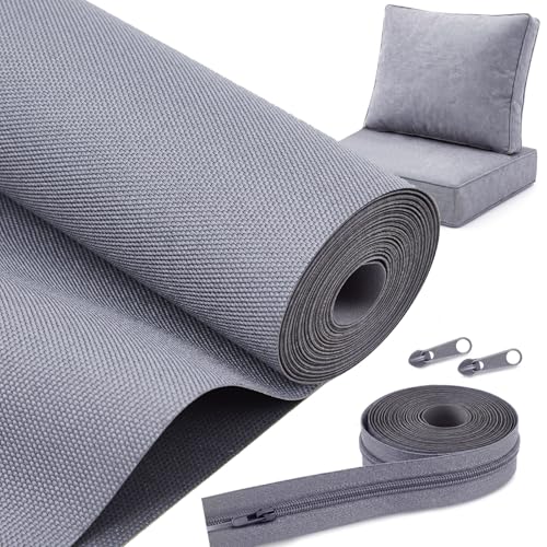 HunnmingRe 600D Waterproof Oxford Fabric with 2 Yard Zipper, 58" x 36" Outdoor Upholstery Fabric for Outdoor Cushion Cover Waterproof Canvas for DIY Patio Pillow Cover Furniture Covers(Gray)