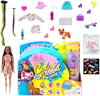 Barbie Color Reveal Totally Neon Fashions Doll with Blue-Streaked Brunette Hair & 25 Surprises Including Color Change, Gift for Kids