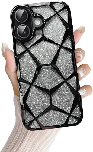Image of VONZEE Gradient Glitter Back Cover Case Compatible with iPhone 17, Luxury Electroplated 3D Cube, Diamond Bling Shiny Soft TPU Clear Shockproof Women Girls Protective Phone Cover (Black)