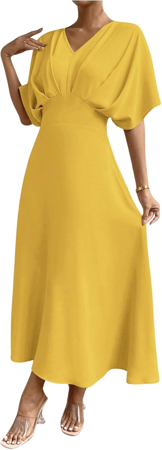 Floerns Women's V Neck Half Sleeve Ruched Cocktail Evening A Line Long Dress