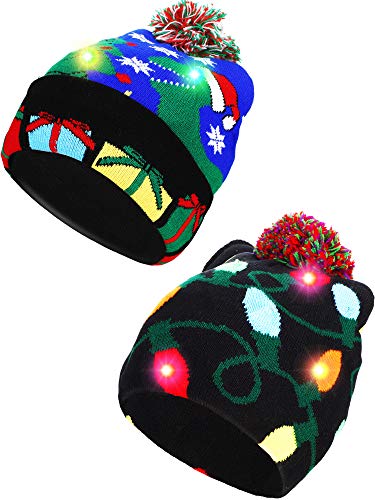 Satinior 2 Pieces Christmas Led Light Up Beanie Hats Ugly Sweater Knit Hats For Christmas Party (Blue Christmas Tree, String Light) #TOP22