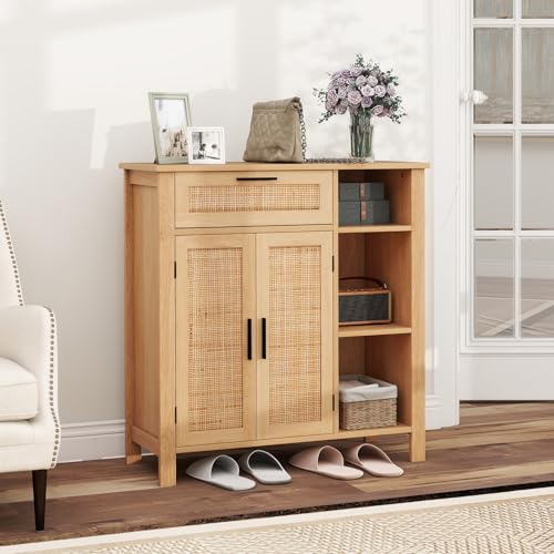 Image of Giantex Buffet Cabinet with Storage, Boho Rattan Sideboard with 2 Doors, Drawer, 3 Open Cubbies, Adjustable Shelf, Freestanding Accent Cabinet for Kitchen,Living Room, Natural