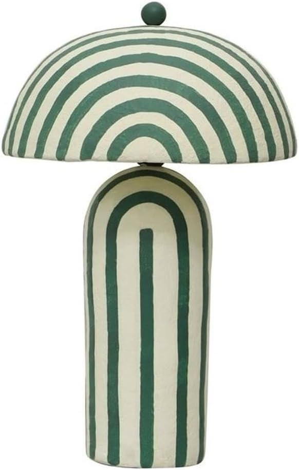 Pemberly Row Contemporary Table Lamp, Striped Papier Mache, Dark Green Finish, Handmade Artisan Design, Domed Lampshade, Orb Finial, UL Listed Plug-in, Decorative Accent Lighting for Home Spaces