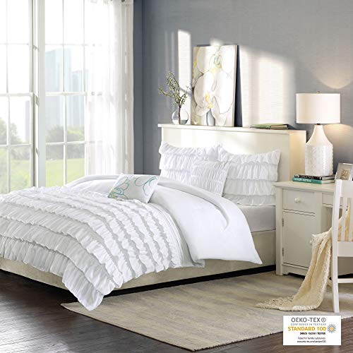 Intelligent Design Comforter Set Queen, Waterfall Multi Layers Ruffle Comforter Set, Shabby Chic Preppy Bedding Set, Soft Queen Comforter Set For Teen Girls, Toss Pillow, Full/Queen White 5 Piece #TOP2
