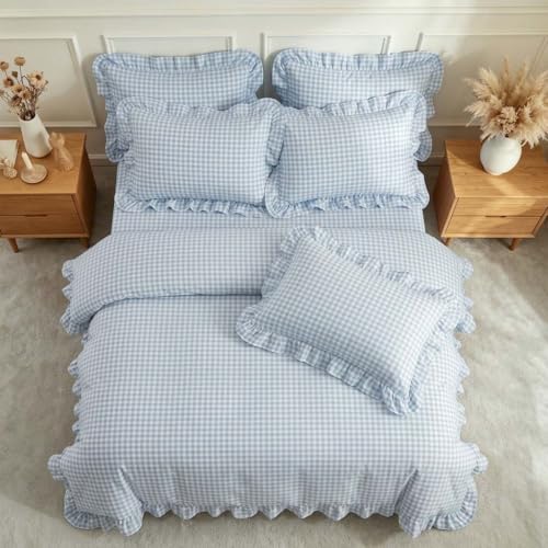 Image of Nayoroom Gingham Duvet Cover Queen Size Blue Ruffle Plaid Checkered Duvet Cover 3 Pieces Soft Washed Microfiber Vintage Farmhouse Dorm Bedding Set Gifts for Women Men