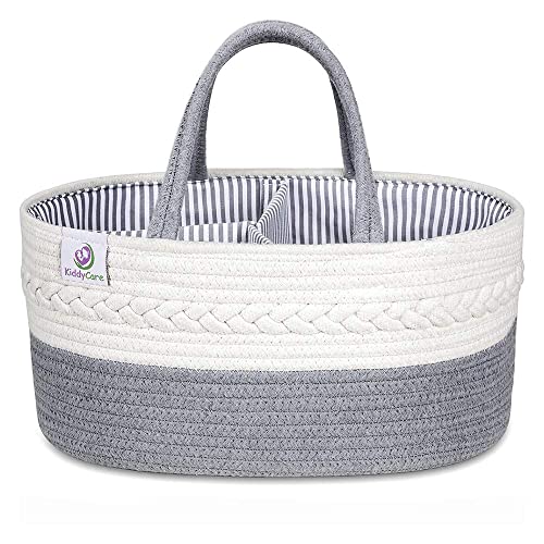 KiddyCare Woven Diaper Nappy Caddy Basket with Handle Lid | Diaper Caddy Basket with Dividers for Baby Boy/Girl, Diaper Tote Bag for Bady Storage for Car | Baby Nursery Canvas Caddy | Gray Regular