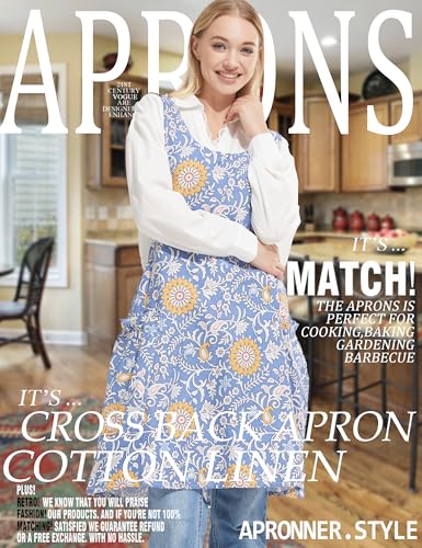 Image of Cozy Adjustable Cross Back Aprons for Women with Pockets Cotton Linen Cooking Kitchen Baking