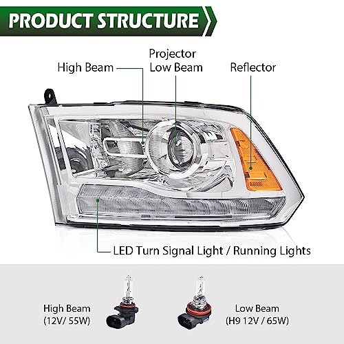 Image of GRAND ORANGE LED DRL Chrome Projector Headlights Assembly Compatible with 2013-2018 Dodge Ram 1500 2500 3500 FACTORY PROJECTOR 9 PIN MODEL Headlamps Clear Lens Amber Reflector