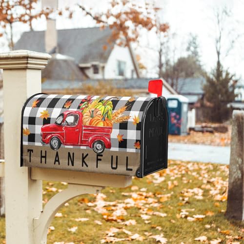 Image of Fall Thanksgiving Red Truck Mailbox Cover Magnetic Standard Size 21 inchx18 inch Autumn Pumpkin Harvest Magnetic Mail Box Cover Autumn Post Letter Box Cover Wrap Fall Mailbox Decals for Home Garden Yard
