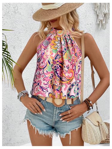 Image of RoseSeek Women's Tropical Paisley Halter Blouse Boho Shirt Vacation Tops | Polka Dots Print, Halter Tops, Summer Tops, Going Out Tops, Beach, Dressy Tops, Boho Blouses