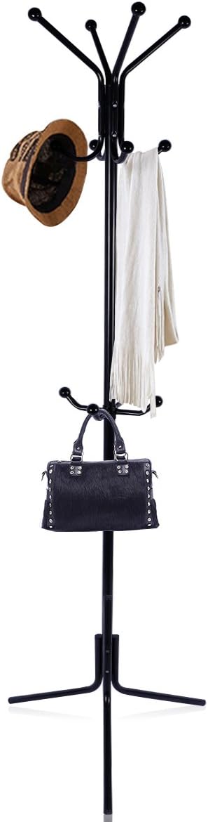 Metal Coat Stands Standing Coat Racks Hanger with 12 Hooks, Hat Racks Hook Free Standing for Foyer Garage Office Bedroom Closet 174cm(H) Black