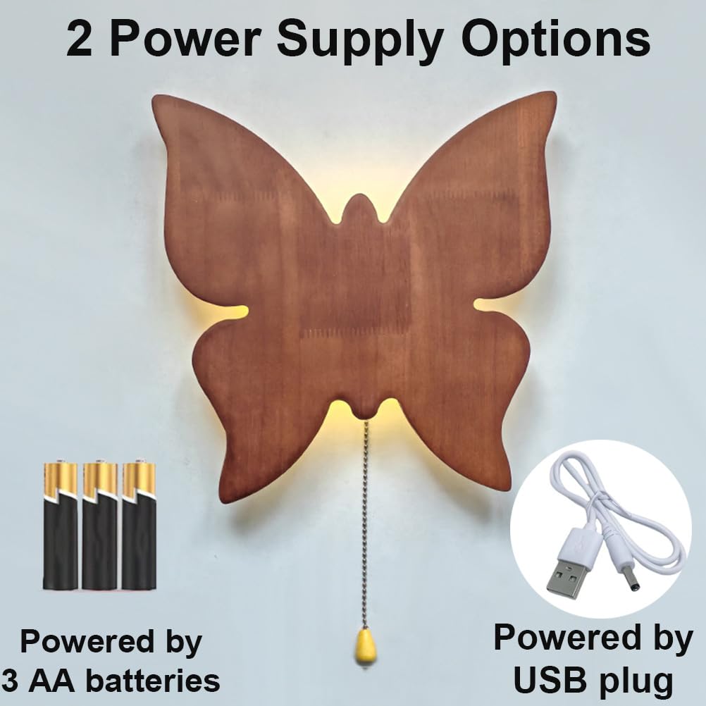 EaEa LED Wandleuchte Schmetterling aus Holz mit Schalter, Kinderzimmer Lampe USB/Batteriebetrieb Wandlampe Kinder, 5W 3000K Warmlicht Babyzimmer Nachtlicht Mädchen Jungen Schlafzimmer Wandbeleuchtung