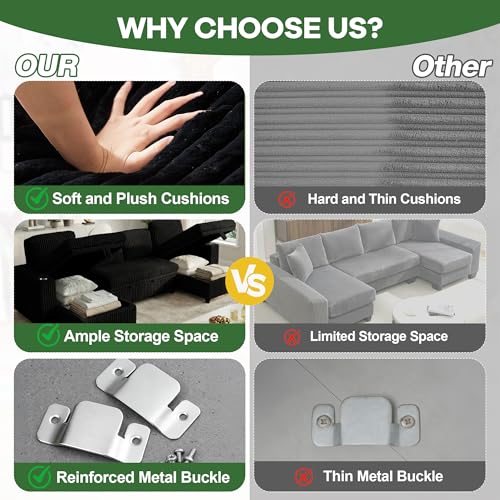 Image of Oversized Sectional Couch, U Shaped Corduroy Couch for Living Room, Sectional Sleeper Sofa with Pull Out Bed, Convertible Sofa Bed for Living Room, Bedroom and Apartment, Black