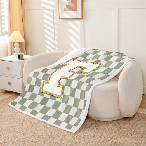 Image of Erosebridal Sage Green Checkered Sherpa Blanket Plaid Initial F Fuzzy Plush Throw Personalized Monogram Fleece Blanket for Kids Boys Girls,Fashion Grids Gingham Decor for Bed Couch Baby 30 inchx40 inch