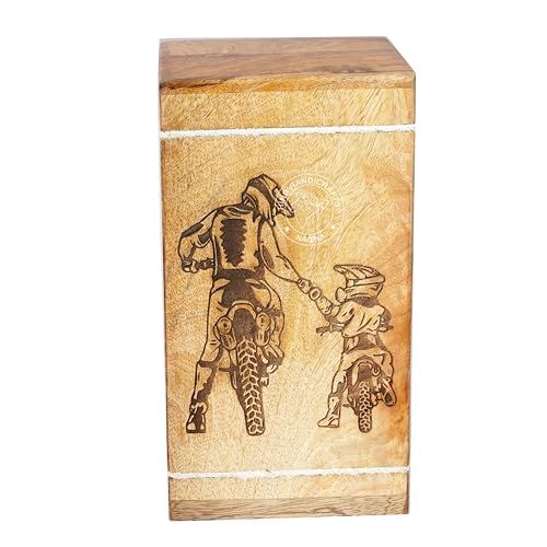 Image of Handcrafted Floral Engraved Wooden Urns for Human Ashes Adult Large - Cremation Urn for Ashes - Burial Urn for Columbarium - Funeral Urn Box (Father Son Riding, 250 LB - Hardwood)