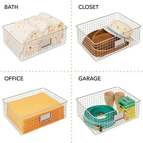 mDesign Set of 2 Wire Storage Basket  Wire Basket with Label Slot for Storing Items  Metal Basket for Kitchen, Bedroom, Bathroom  40.6 cm x 30.5 cm x 15.2 cm  Matte Silver