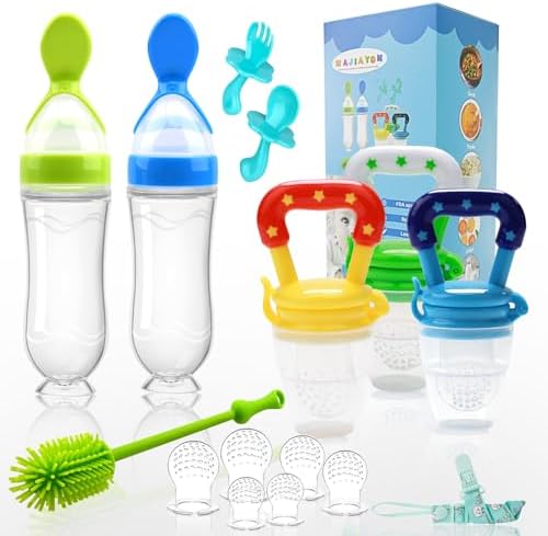 Food Feeder Baby Fruit Feeder Pacifier (3 Pcs) with 6 Different Sized Silicone Pacifiers 2 PCS Silicone Babies Food Dispensing Spoon 90ML with 2 Baby Spoons Bottle Brush Pacifier Clip
