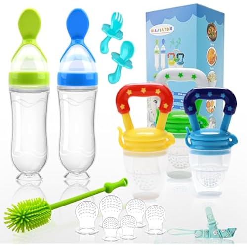 Food Feeder Baby Fruit Feeder Pacifier (3 Pcs) with 6 Different Sized Silicone Pacifiers 2 PCS Silicone Babies Food Dispensing Spoon 90ML with 2 Baby Spoons Bottle Brush Pacifier Clip