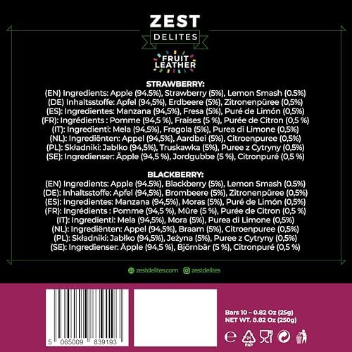 Zest Delites Fruit Leather Snacks, Gluten Free Vegan Healthy Snacks for Adults and Kids, Variety Snack Pack, 0.88 oz (Pack of 10) Berries Mix; Strawberry and Blackberry Fruit Bars