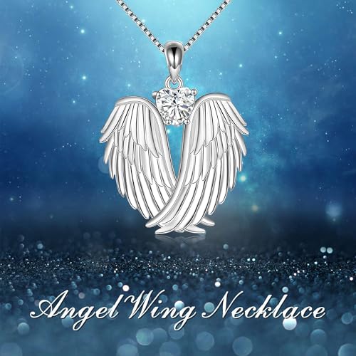Image of YFN Angel Wings Necklace 925 Sterling Silver Guardian Angel Wings Pendant Necklace Birthstone Necklace for Women Girls Christmas Jewelry Gifts