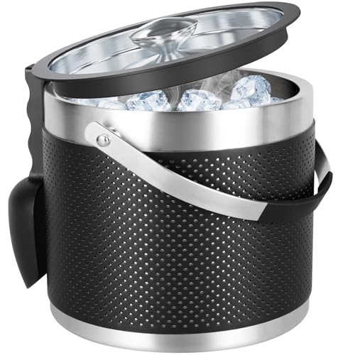 3Quart/3.2L Insulated Ice Bucket with Lid, Scoop, Leather Design Double Wall Stainless Steel Wine Bucket for Cocktail Bar, Parties (Black)