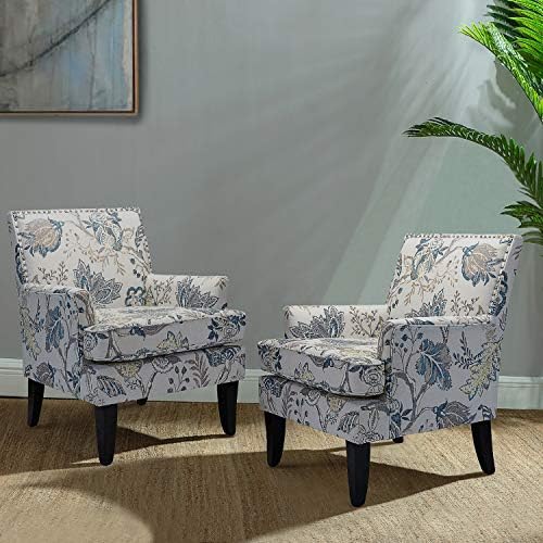 HULALA HOME Modern Patterned Accent Chairs Set of 2, Farmhouse Striped Accent Armchair Buffalo Plaid Accent Chairs for Living Room, Mid Century Floral Accent Chair with Arms [Blue Yellow Floral]
