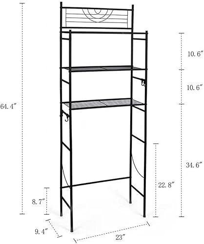 Miniatura 2 de Kimzda Estante de almacenamiento de 3 niveles para baño sobre el inodoro, organizador de estante con marco de metal, con 4 ganchos, color negro