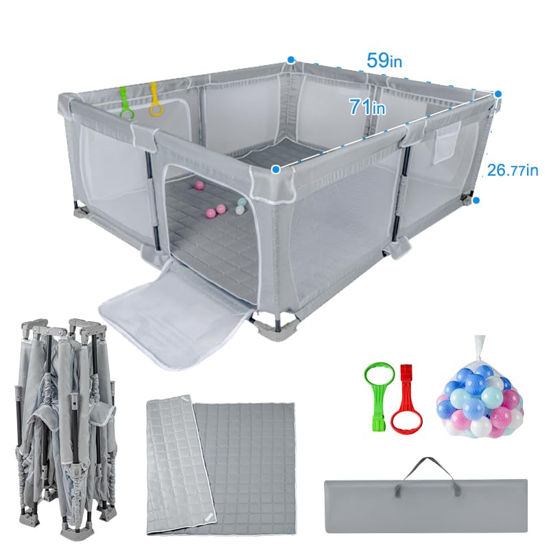 Image of Foldable Baby Playpen 59 inchx71 inch,playpen for Babies and Toddlers with Mat,Portable Play Yard with Breathable Mesh & Gates,Indoor Outdoor Baby Fence Play Area with Mat,Storage Bags,Handlers