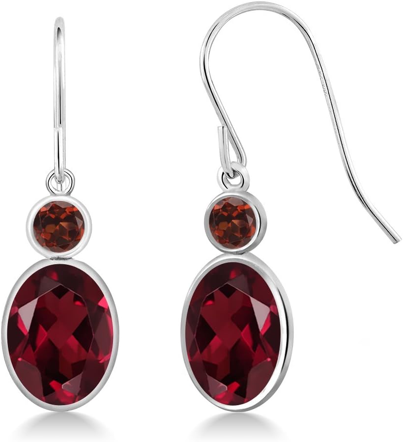 Gem Stone King 14K White Gold Red Rhodolite Garnet and Red Garnet Hook French Fish Ear Wire Dangle Earrings For Women (3.04 Cttw, Gemstone January Birthstone, Oval 8X6MM, Round 3MM)