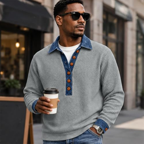 Waffle Knit Long Sleeve Men Denim Collar Patchwork Button Polo Shirts - image 3