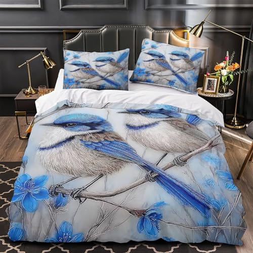 Housse de couette oiseaux bleus 140x200 parure lit microfibre - 2