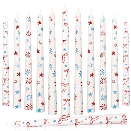 Tujoe 18 Pcs Independence Day Taper Candles 10 Inch Tall 4th of July Decor Patriotic Burning Fireworks Bows Star Candles Set for Independence Day Dinner Party Table Decor