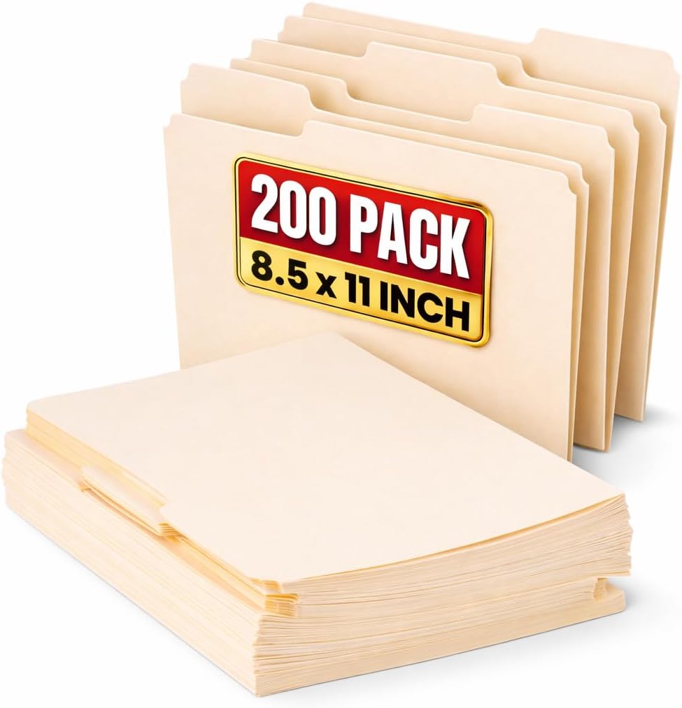 1InTheOffice Manila Folders 8.5 x 11, Manila File Folders 1/3 Cut Letter Size, Assorted Tab, 200 Pack