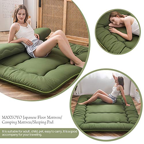 Image of MAXYOYO Japanese Floor Mattress Futon Mattress, Thicken Tatami Mat Shiki Futon Sleeping Pad Foldable Roll Up Mattress Guest Mattress Pad Floor Lounger Cushion, Green, King