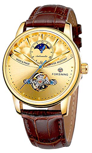 Carlien Automatic Watch for Men Tourbillon Skeleton Watch Moon Phase Waterproof Mechanical Gold Watch (Gold Brown)