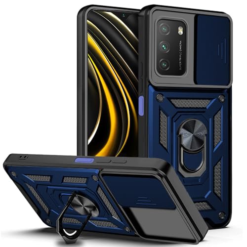Image of AESTMO Tough Armor Poco M3 / Redmi 9 Power Bumper Back Case Cover | Ring Holder & Sliding Camera Shield Cover | 360 Degree Protection Back Case Cover for Poco M3 / Redmi 9 Power (Blue)
