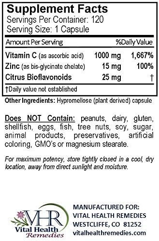 VHR Vitamin C 1,000 MG with ZINC & Citrus BIOFLAVONOIDS Preservative-Free High Potency Antioxidant Formula for Healthy Immune Support!(120) - Image 2