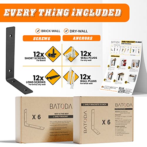 Batoda 10” Floating Shelf Brackets (6Pcs)-L Shelf Brackets Black - Heavy Duty Hook Brackets For Shelves - Wall Mounted Support For Diy Open Shelving – Shelving Mounting Hardware Included (Pack 6) #TOP1