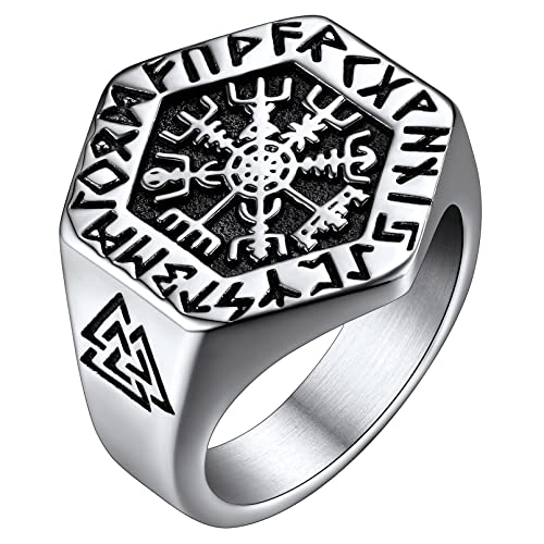 FaithHeart Viking Vegvisir Pirate Compass Rings, Stainless Steel/18K Gold Plated Norse Symbol Vintage Jewelry Personalized Custom 02: Compass Valknut-Silver 7