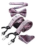 Pink Bow Tie and Suspenders for Men Paisley Floral 6 Clips Adjustable Braces Y Shape tuxedo...