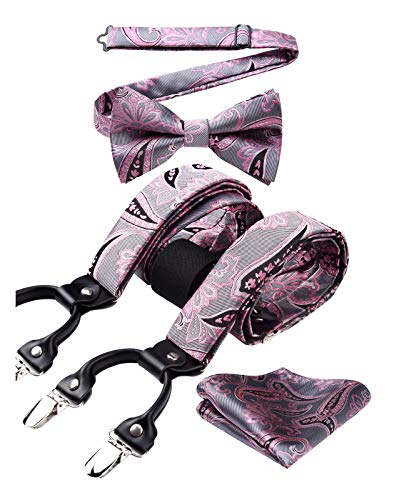 Enlision Herren Hosenträger Blumen Paisley Hosenträger mit starken Clips Verstellbare Y Form Fliege Set mit Einstecktuch