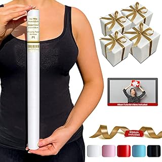 Empire Soul White Wrapping Paper, 44cmx500cm Gift Wrapping Paper, 80 GSM Birthday Wrapping Paper, Gift Wrap with 2.5cmx1000cm Ribbon, Wrapping Paper Roll With Cutting Lines, Wrapping Paper Roll