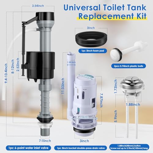 Saillong 2 Pack 3 Inch Universal Toilet Tank Replacement Kit, Include Dual Flush Valve with Push Button, Toilet Fill Valve, Bowl Gasket and Plastic Bolts, Tank Parts Replacement for 2-Piece by Saillong - Image 2