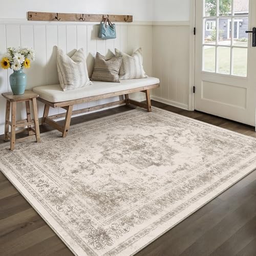 Area Rug 5x7 Beige Washable Living Room Carpet Non Slip Vintage Medallion Low Pile Soft Indoor Bedroom Retro Distressed Indoor Rug for Kitchen Home Office Laundry Dining Room