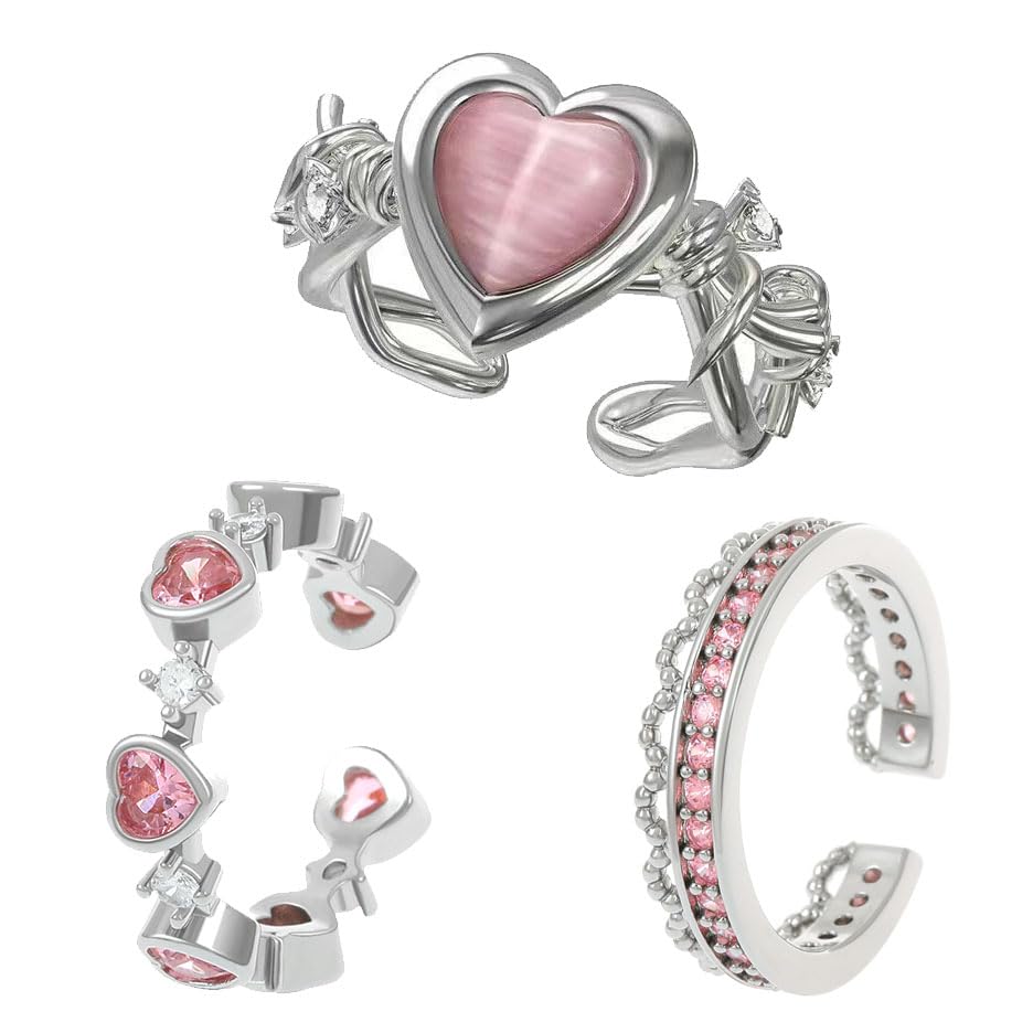 OATSBAS Pink Opal Peach Heart Rings for Women Trendy Open Rings