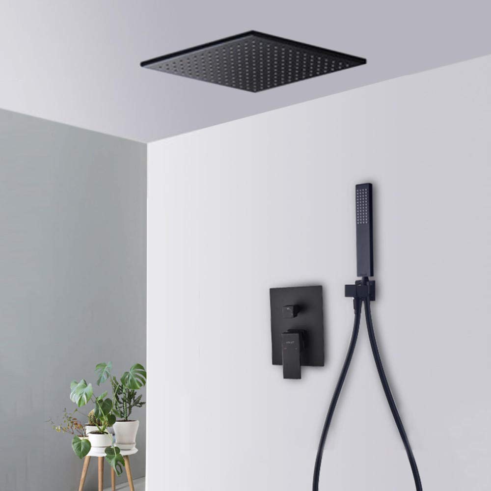 OZBMA Black Concealed Shower Set - 12" Rainfall Head with Hose, Square Copper Mixer for Luxurious Bathroom Experience Stylish & Modern Design