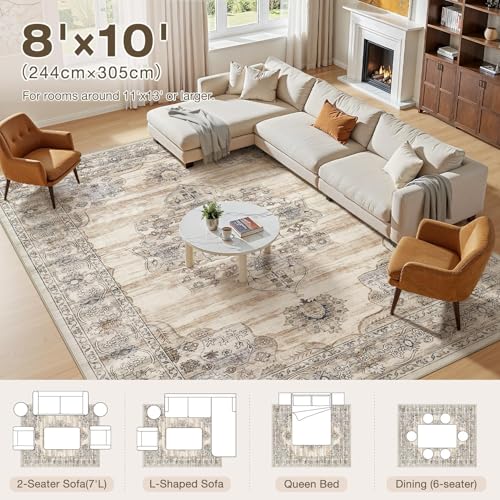 Jessibou Washable 8x10 Area Rug for Living Room & Dining Room - Large Vintage Farmhouse Soft Carpet with Non-Slip Backing, Stain Resistant Low-Pile Indoor Rug for Home Office, Kid & Pet Friendy -Beige - Image 8